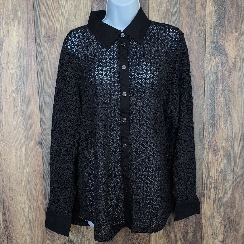 DG2 by Diane Gilman Crochet Button-Up Knit Top 2X                      C321